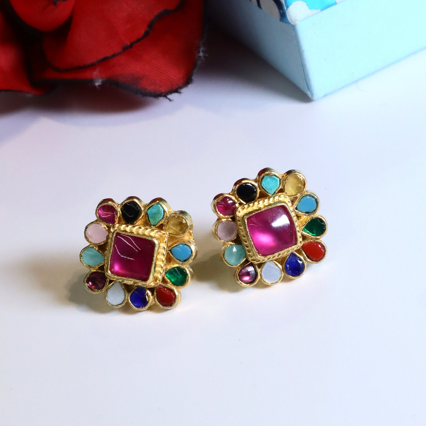 Gold-Plated Multicolor Square Studs - SIA453750