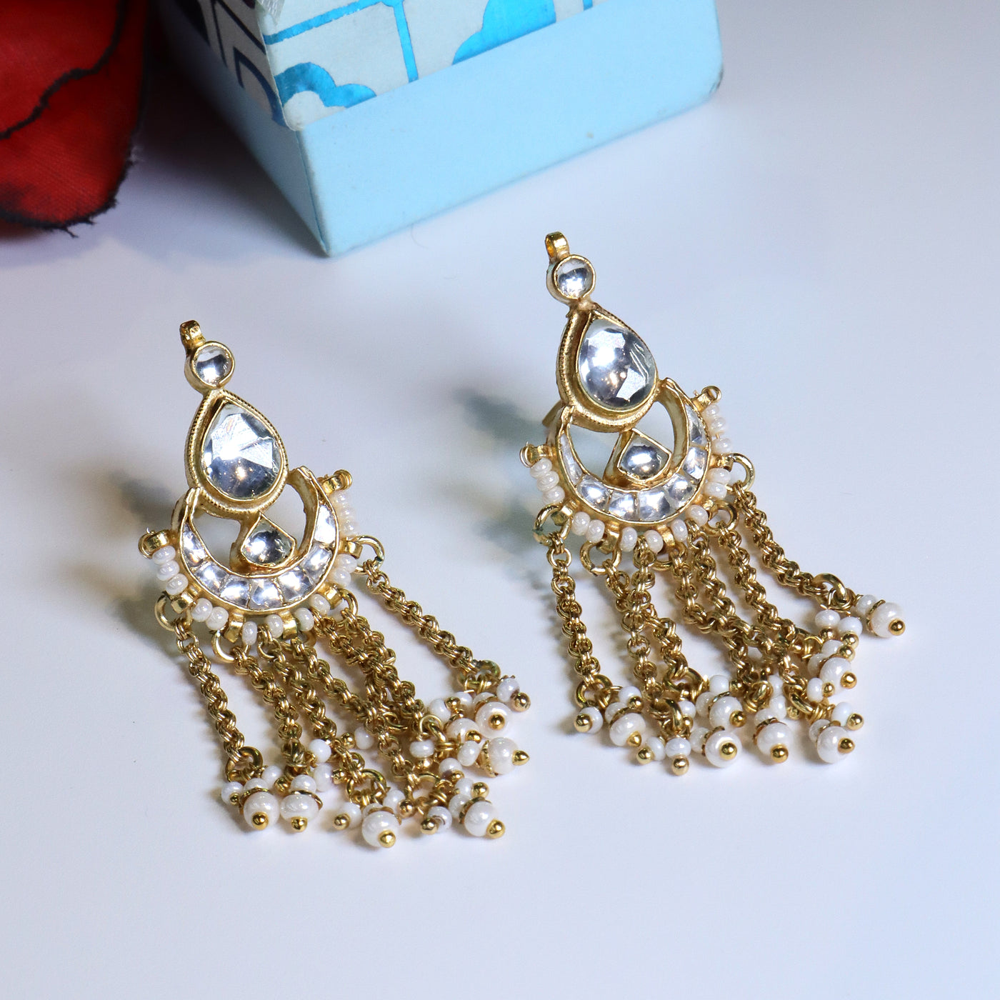 Gold-Plated Kundan Chandbali Earrings with White Pearls - SIA453754