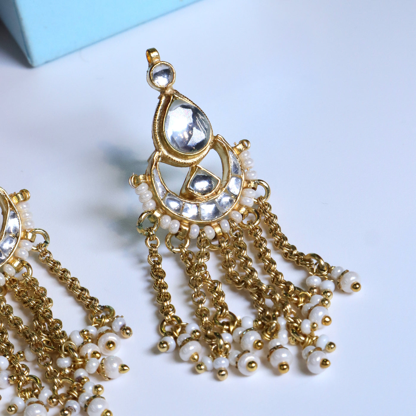 Gold-Plated Kundan Chandbali Earrings with White Pearls - SIA453754
