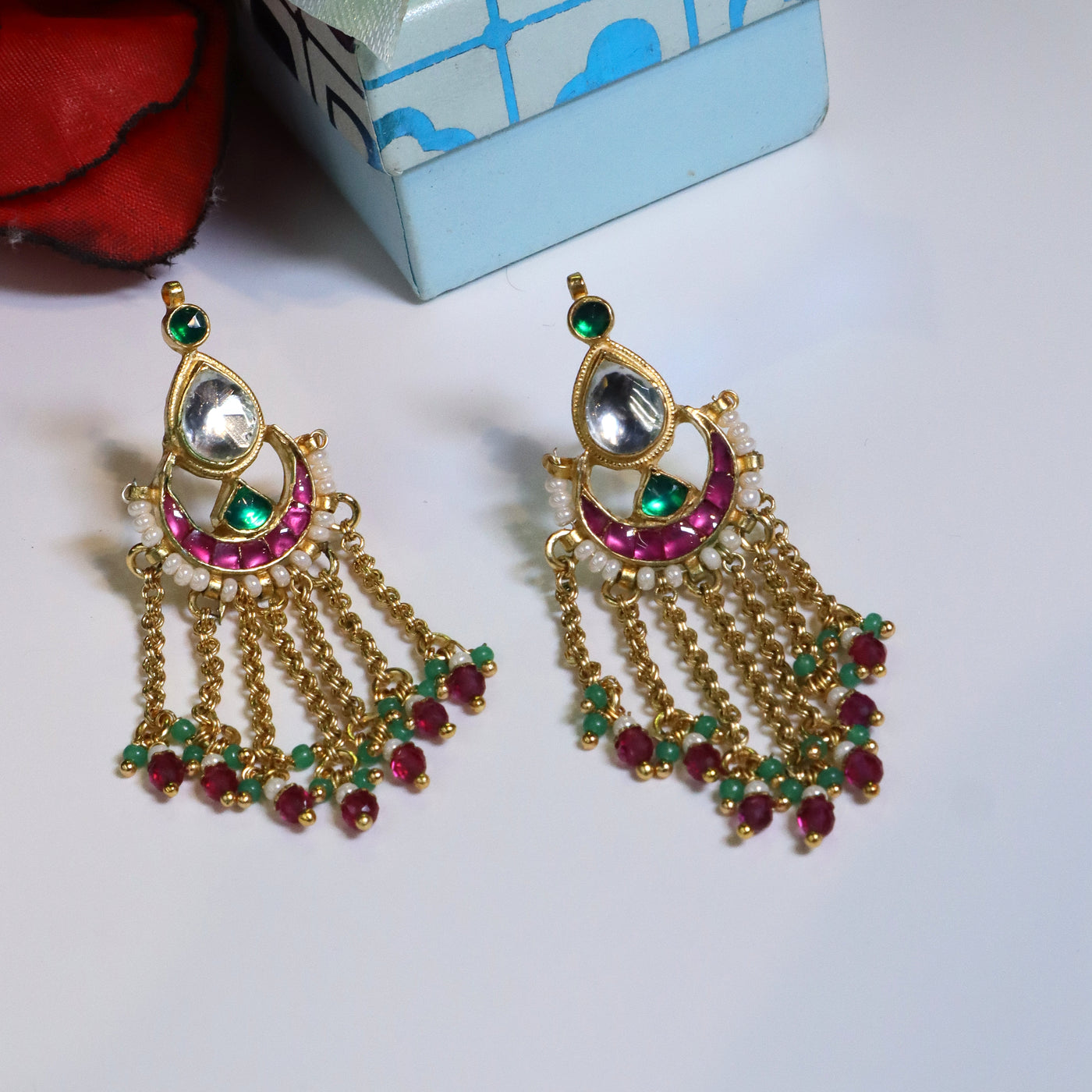 Gold-Plated Kundan Earrings with Pink & Green Beads - SIA453755