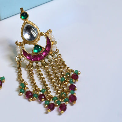 Gold-Plated Kundan Earrings with Pink & Green Beads - SIA453755