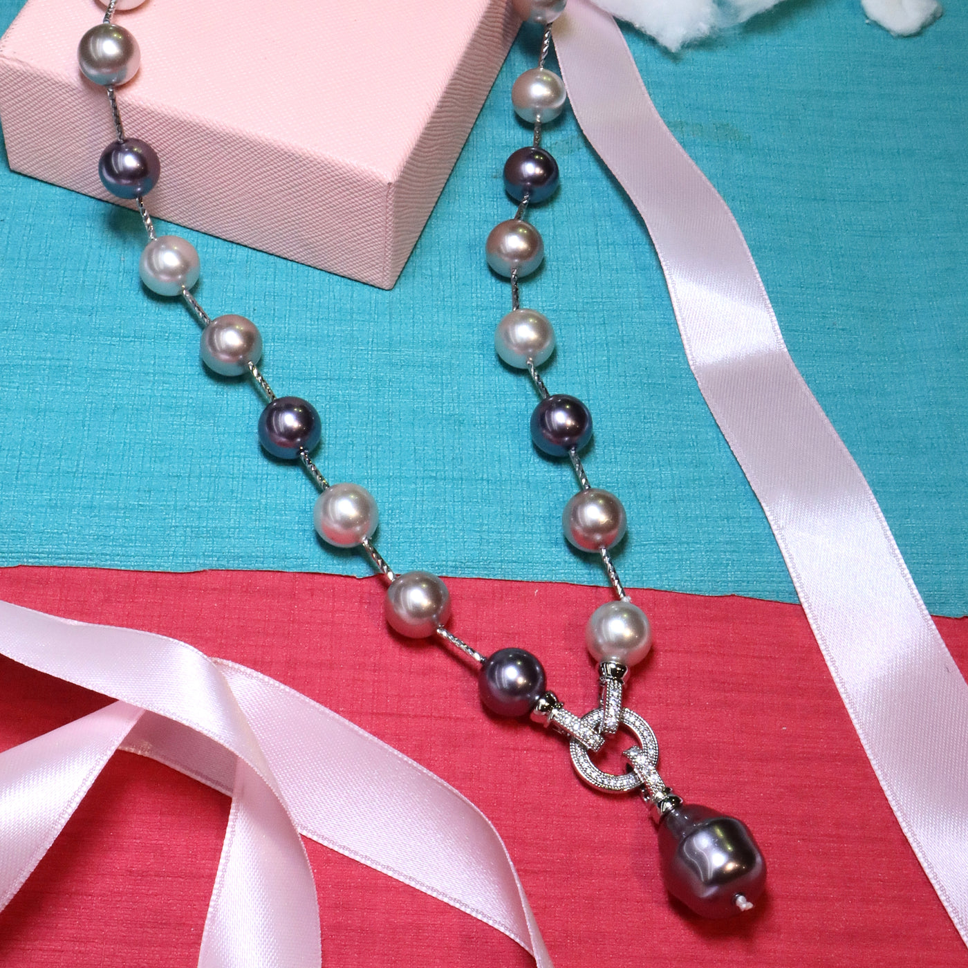 Gray and Pink Round Pearl Y-Drop Pendant Necklace - SIA453768