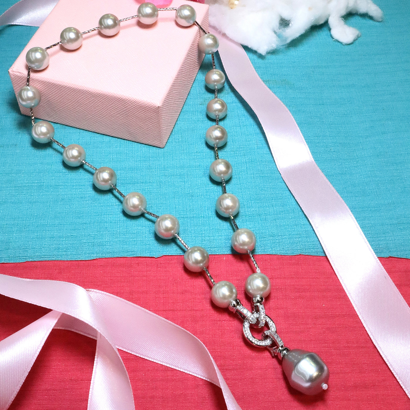 Single-Tone Round White & Grey Pearl Y-Drop Pendant Necklace - SIA453768 _B