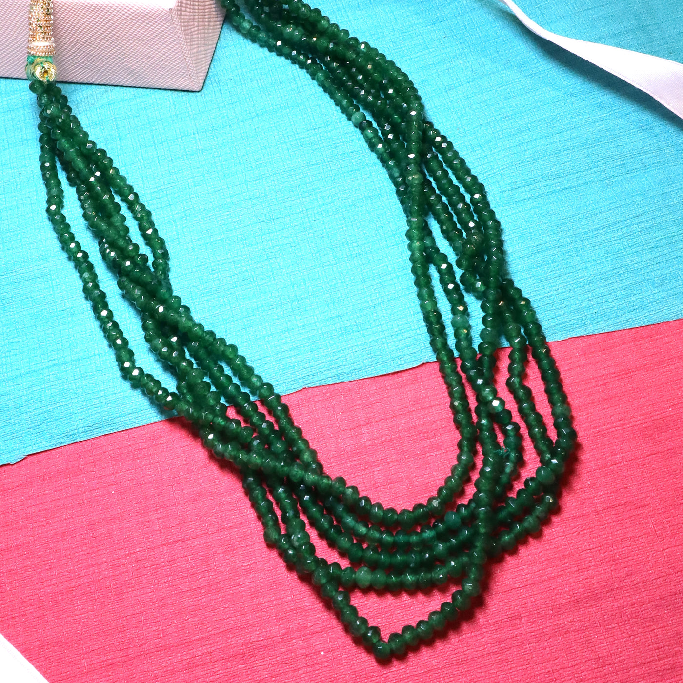 Five-Strand Deep Green Bead Mala with Gold-Toned End Cap - SIA453775