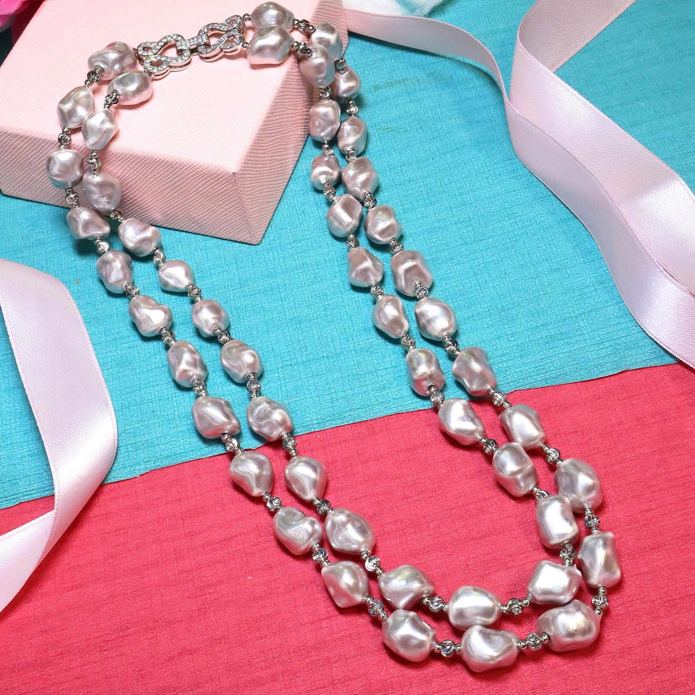 Dual-Strand White Baroque Pearl Necklace with CZ-Accented Silver Clasp - SIA453780