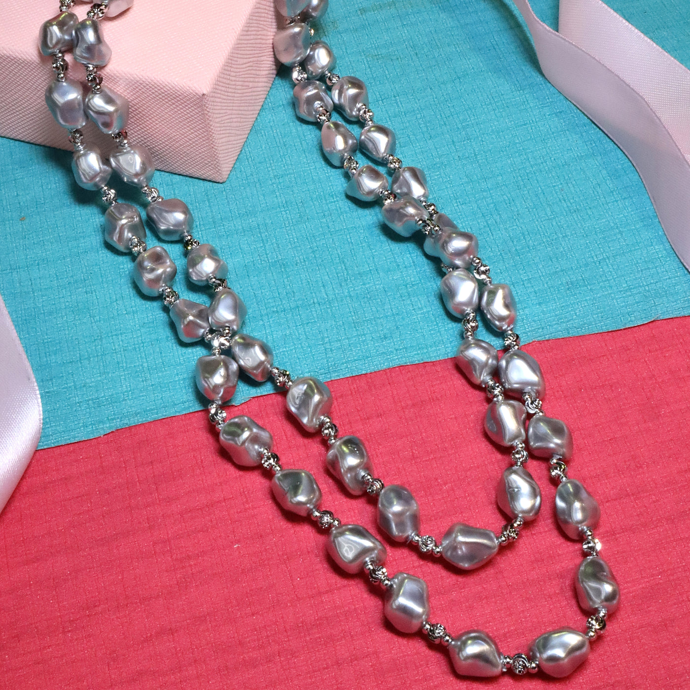 Dual-Strand Silvery-Gray Baroque Pearl Necklace with CZ-Accented Clasp - SIA453780 _A
