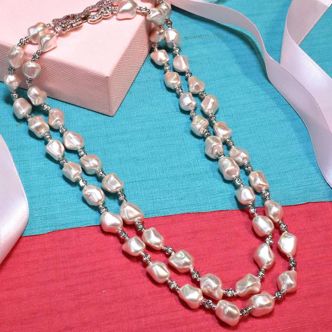 Dual-Strand White Baroque Pearl Necklace with Sparkle-Bead Spacers - SIA453780 _B