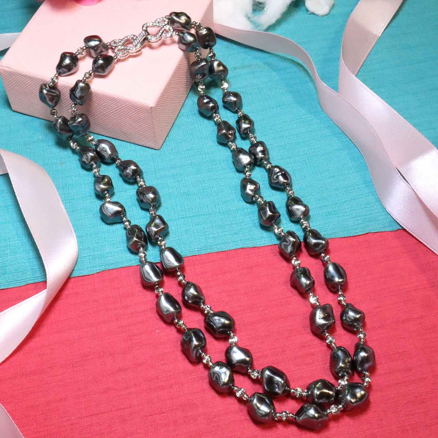 Dual-Strand Dark Gray Baroque Pearl Necklace with CZ-Accented Clasp - SIA453780 _C