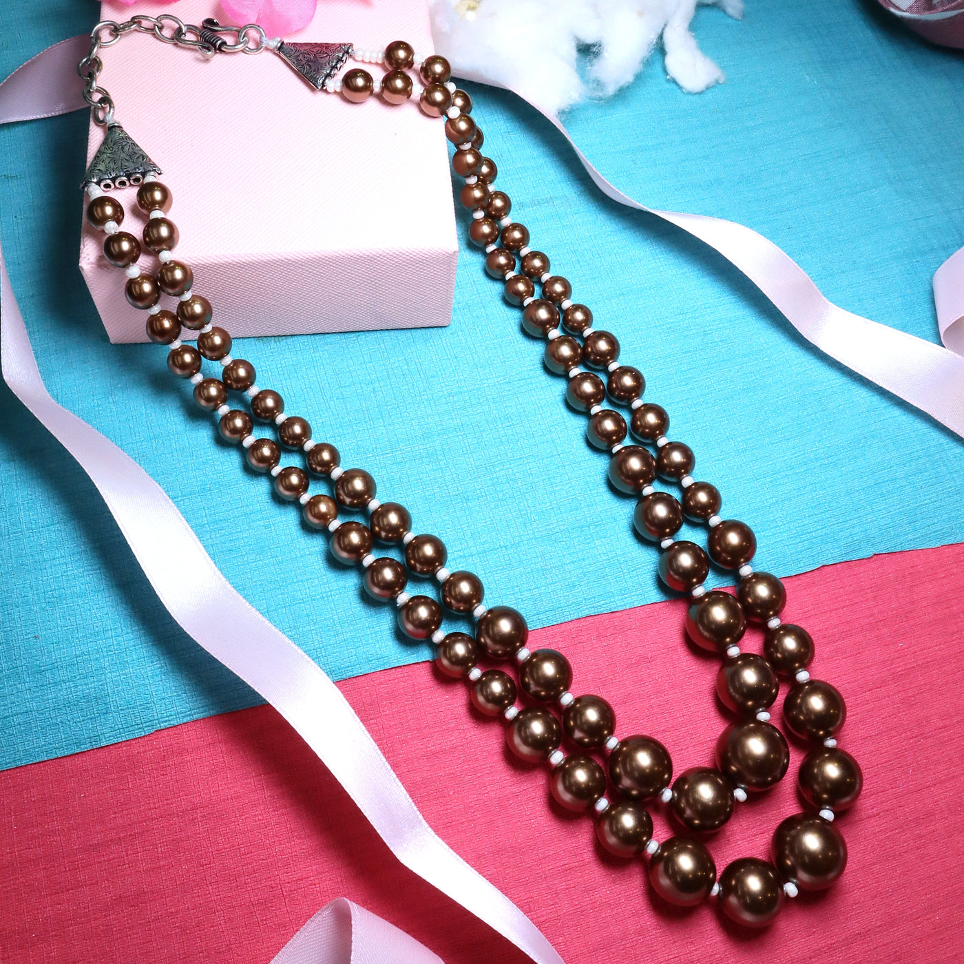 Two-Strand Brown & White Beaded Mala - SIA453781