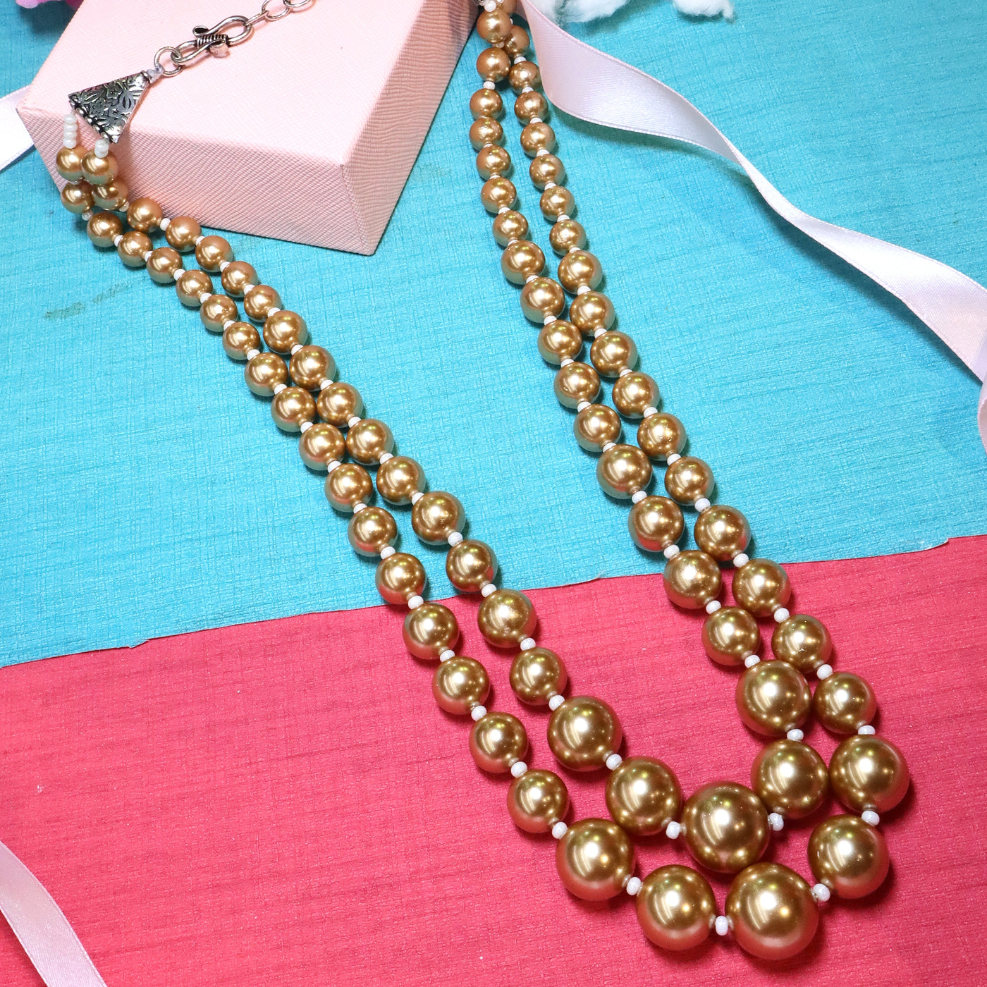 Dual-Strand Yellow Pearl Necklace with White Bead Spacers - SIA453781 _A