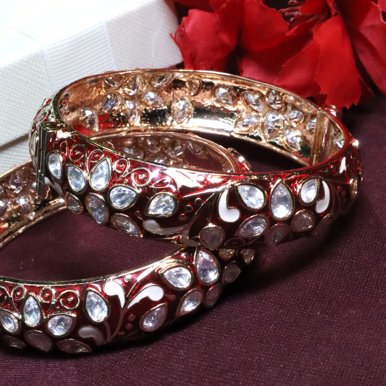 Red and Gold Kundan-Style Stone Bangles - SIA453836