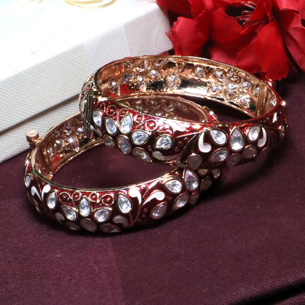 Red and Gold Kundan-Style Stone Bangles - SIA453836