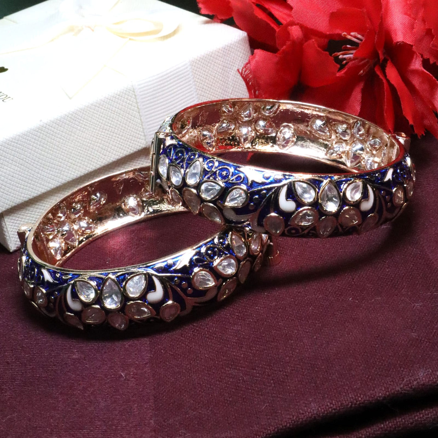 Royal Blue and Gold Polki Look Bangles - SIA453841