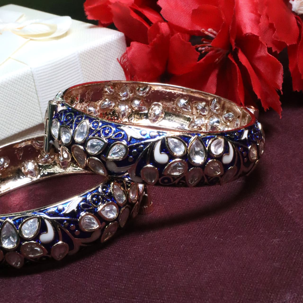 Royal Blue and Gold Polki Look Bangles - SIA453841