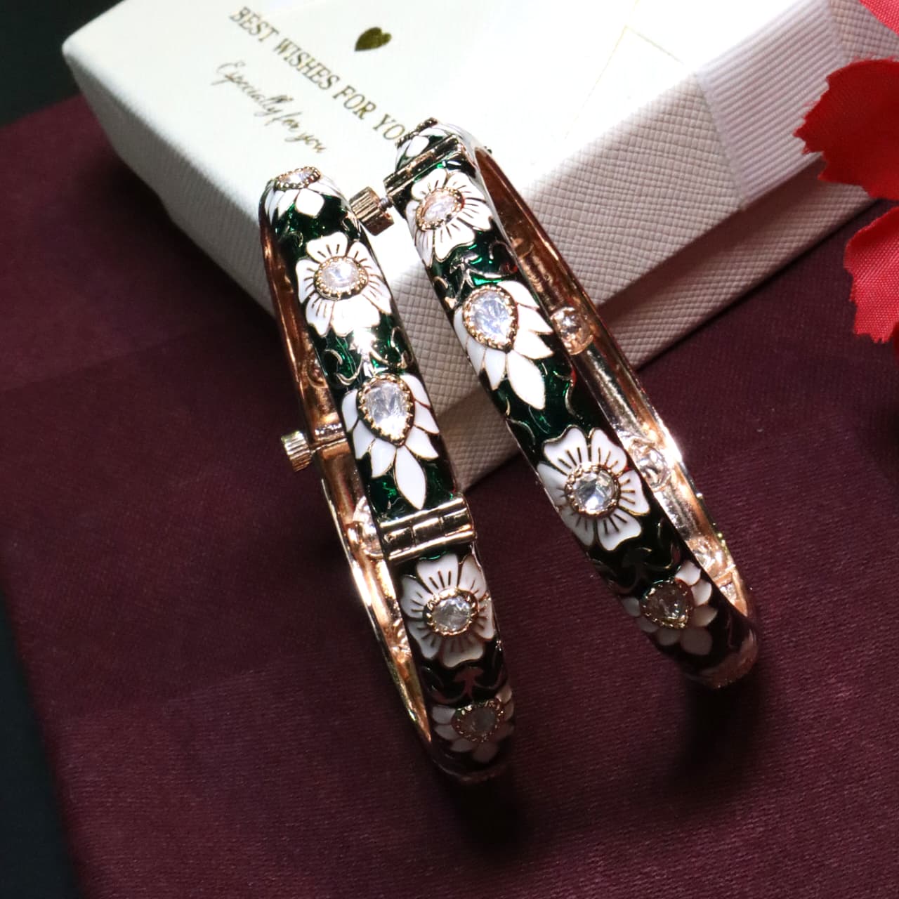 Gold-Tone Bangles with Meenakari Work and White Floral Pattern - SIA453847