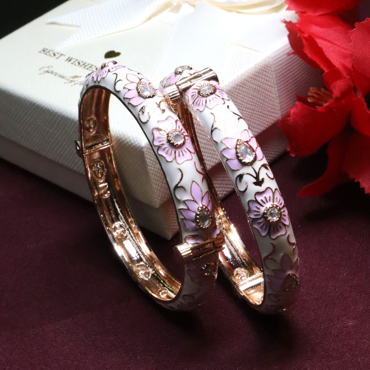 Pastel Pink and White Floral Enamel Kada Bangle Set - SIA453852
