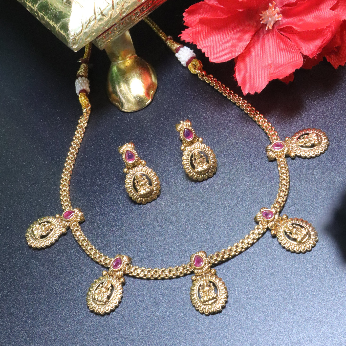 Antique Gold Oval Temple Necklace with Ruby Accents - SIA453991