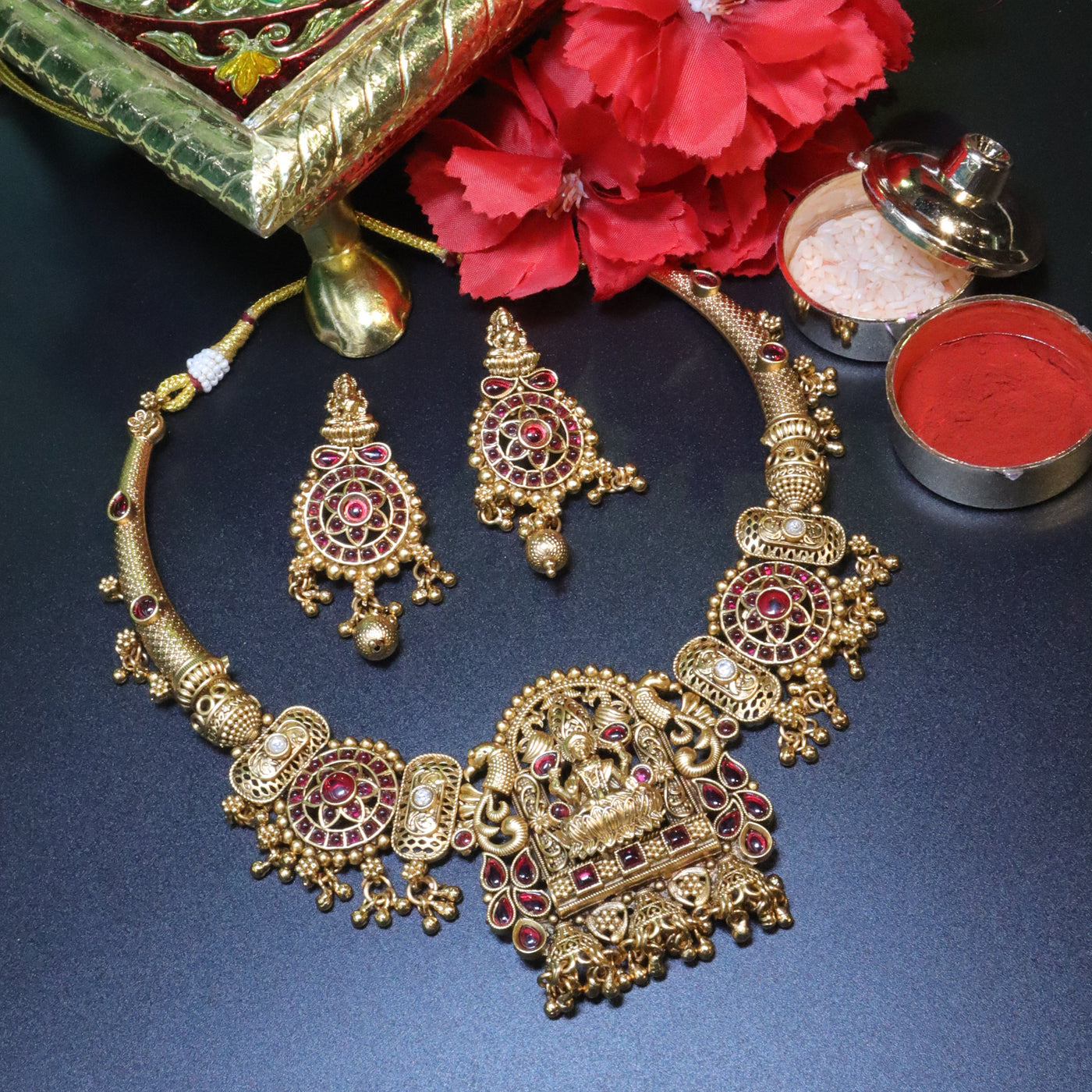 Antique Gold Temple Necklace with Ruby Stones - SIA453992