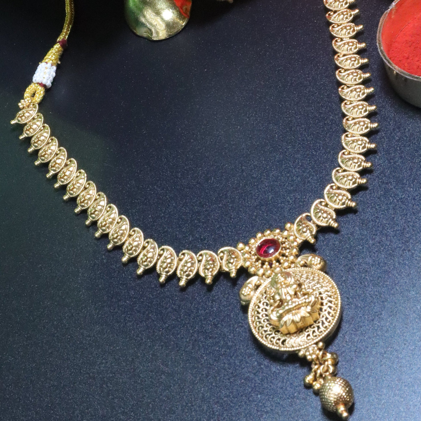 Antique Gold Lakshmi Necklace Set with Ruby Accent - SIA453993
