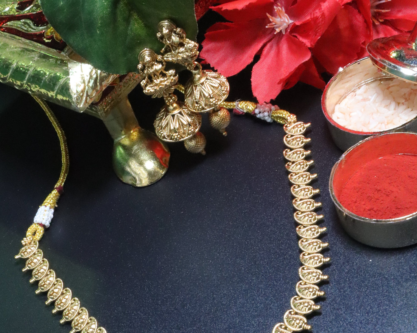 Antique Gold Lakshmi Necklace Set with Ruby Accent - SIA453993