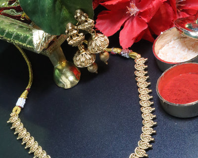 Antique Gold Lakshmi Necklace Set with Ruby Accent - SIA453993