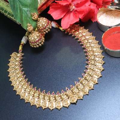 Antique Gold Coin Necklace Set with Ruby Accents - SIA453994