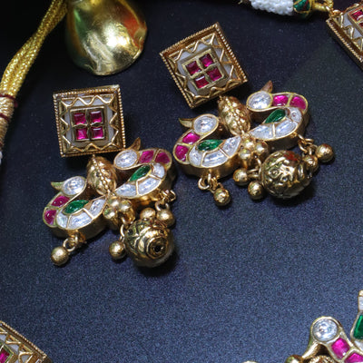 Gold Square Necklace Set with Ruby-Green Accents - SIA453995