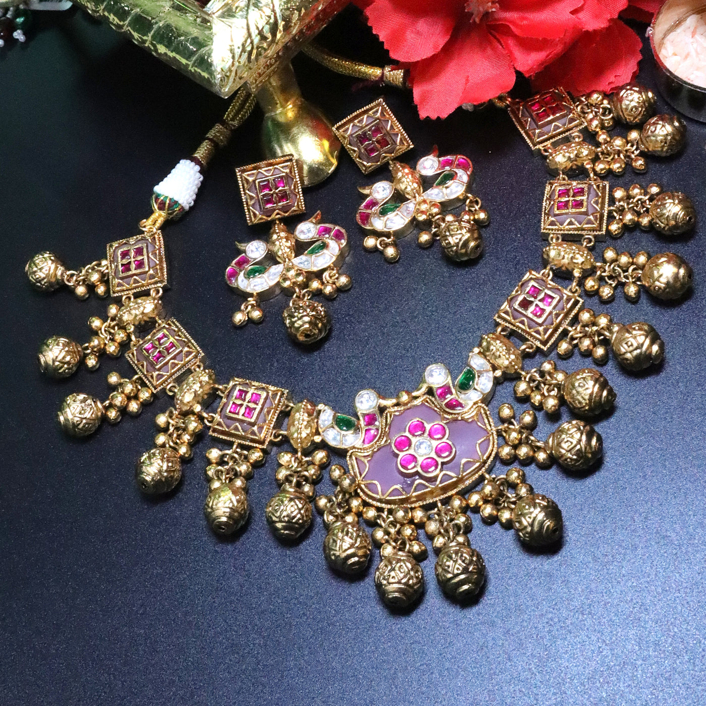 Purple Bird Embellished Gold Necklace Set - SIA453995