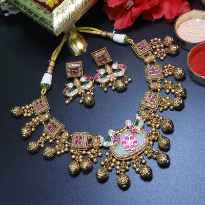 Gold Square Necklace Set with Ruby-Green Accents - SIA453995