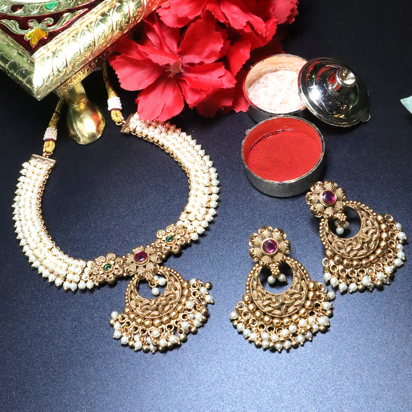 Antique Gold Pearl Choker Set with Ruby-Green Floral Motifs - SIA453997