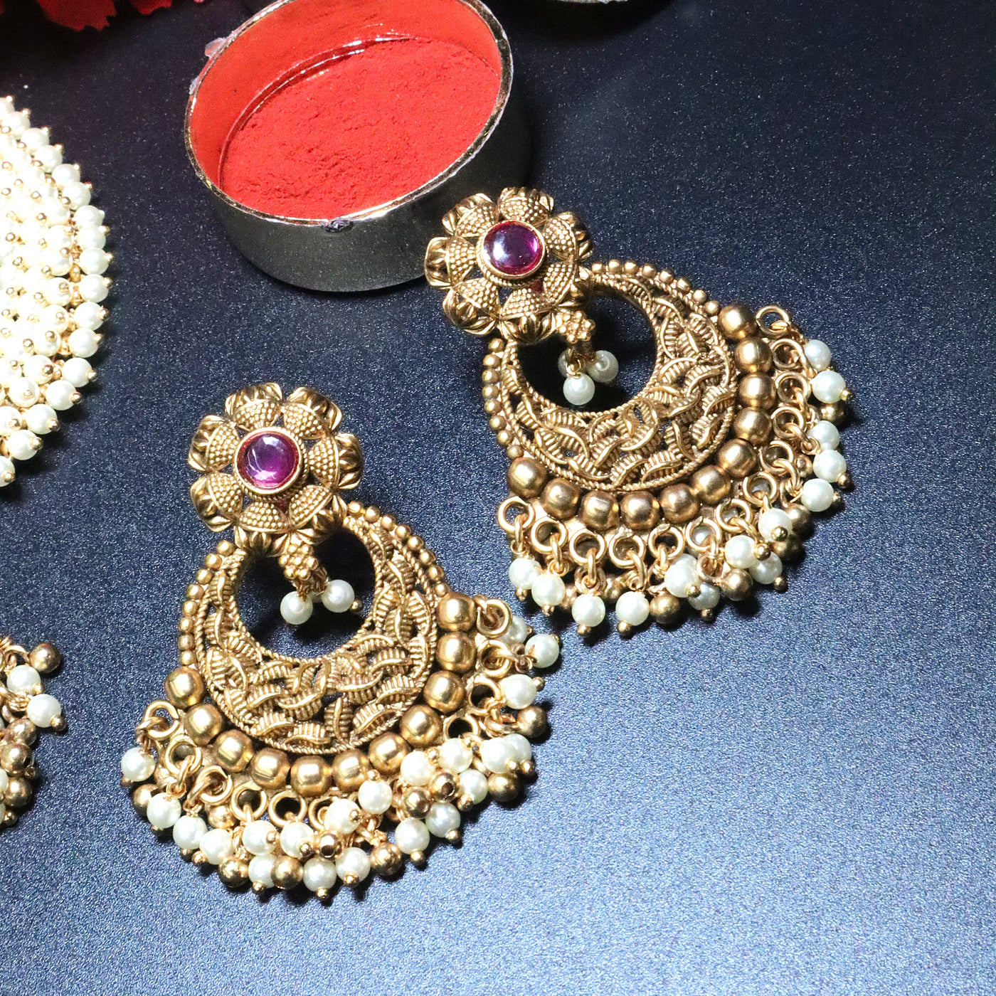 Antique Gold Pearl Choker Set with Ruby-Green Floral Motifs - SIA453997