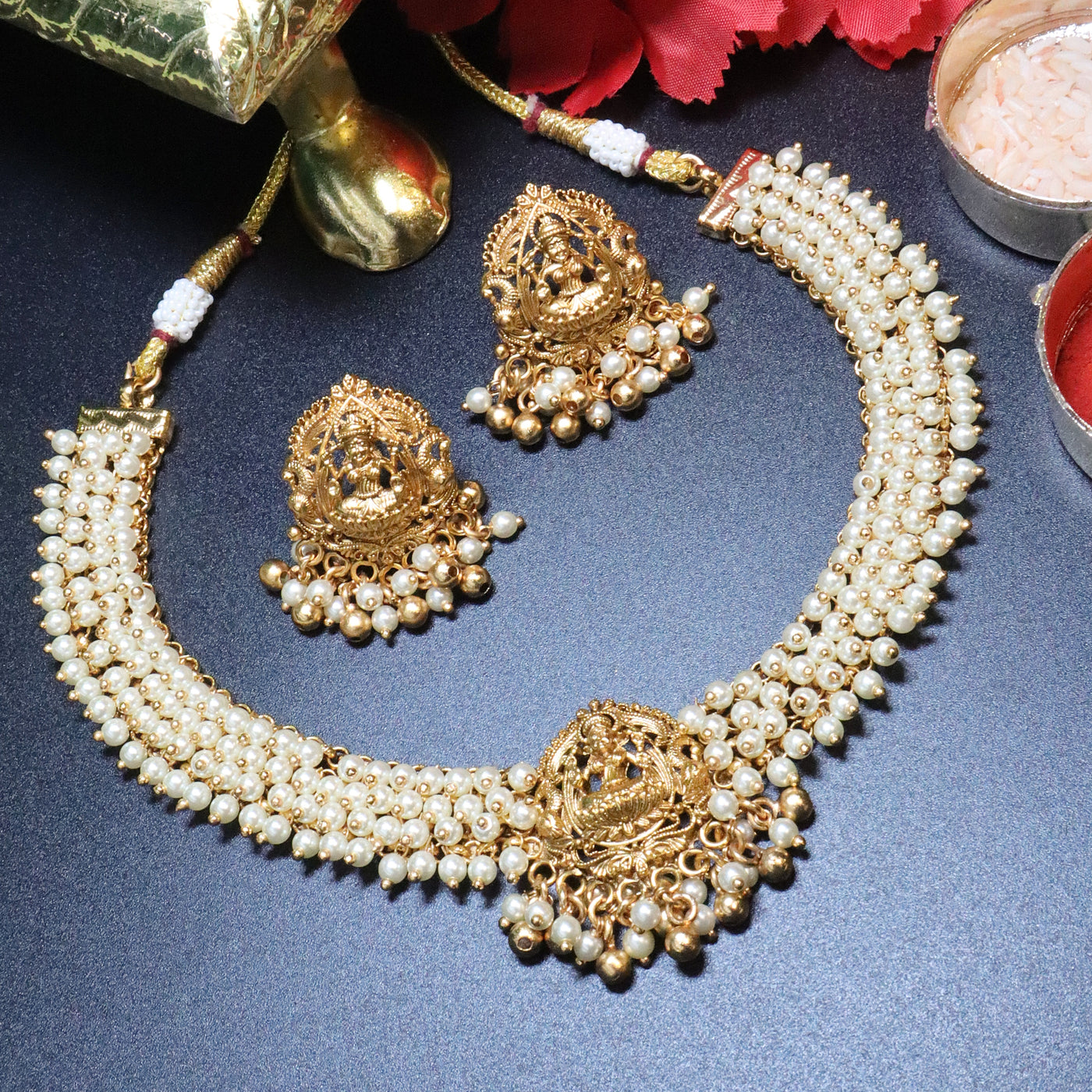 Antique Gold Lakshmi Pearl Temple Choker Set - SIA453998