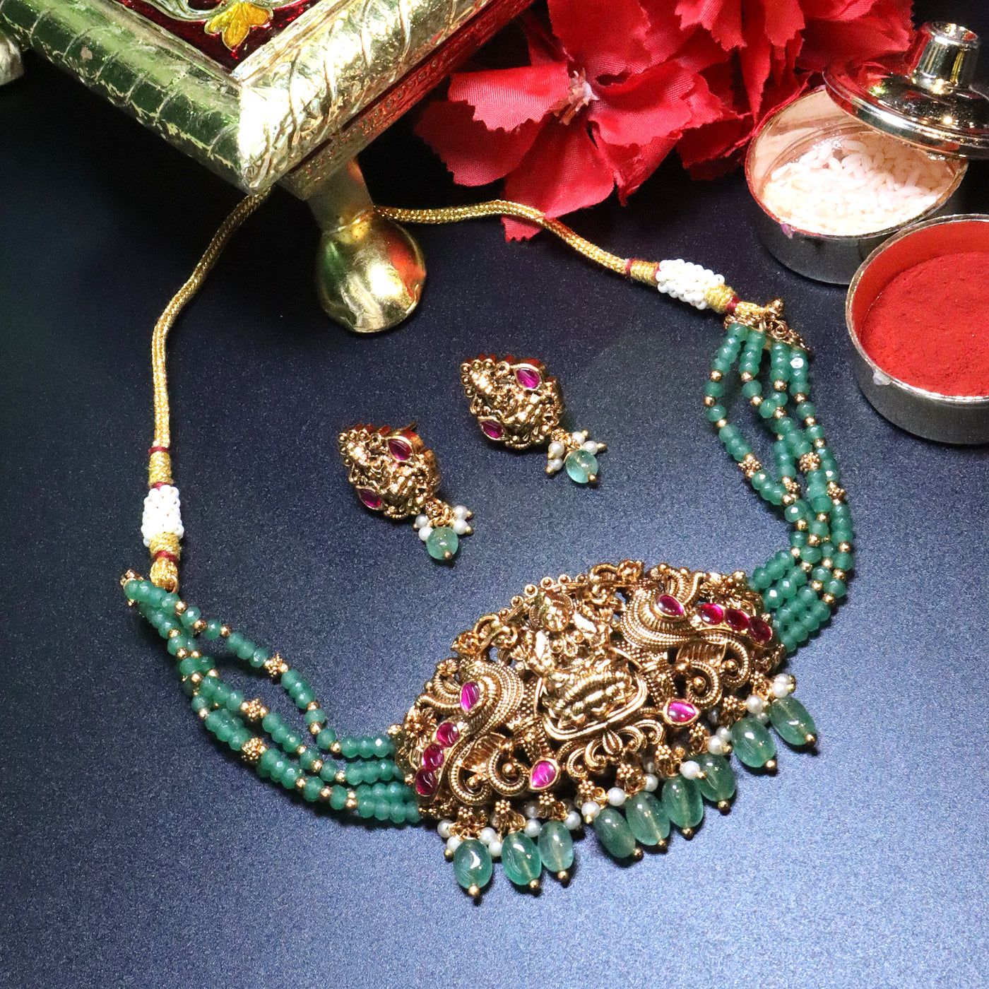 Antique Gold Lakshmi Choker Set with Green Beads and Ruby Accents - SIA454002