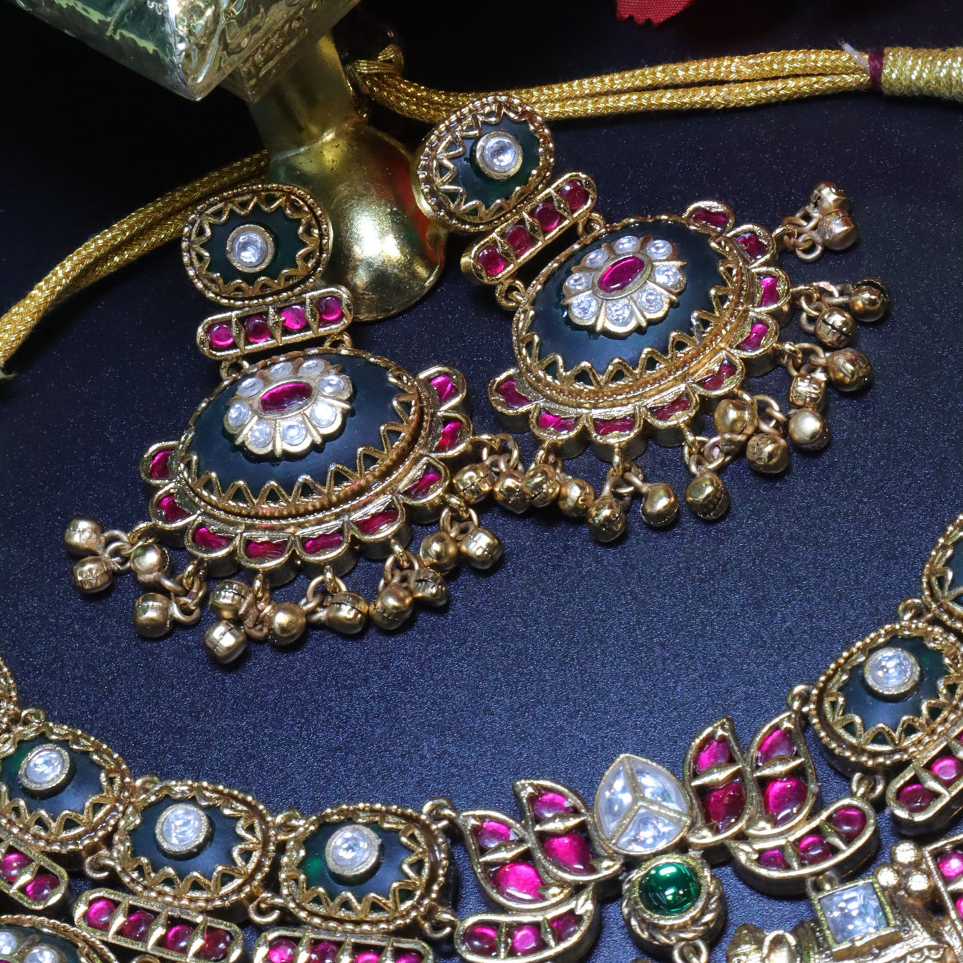 Gold Antique Necklace Set with Ruby-Green Detailing & Maang Tikka - SIA454003