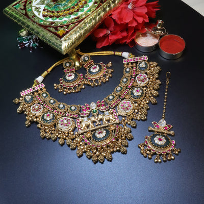 Gold Antique Necklace Set with Ruby-Green Detailing & Maang Tikka - SIA454003