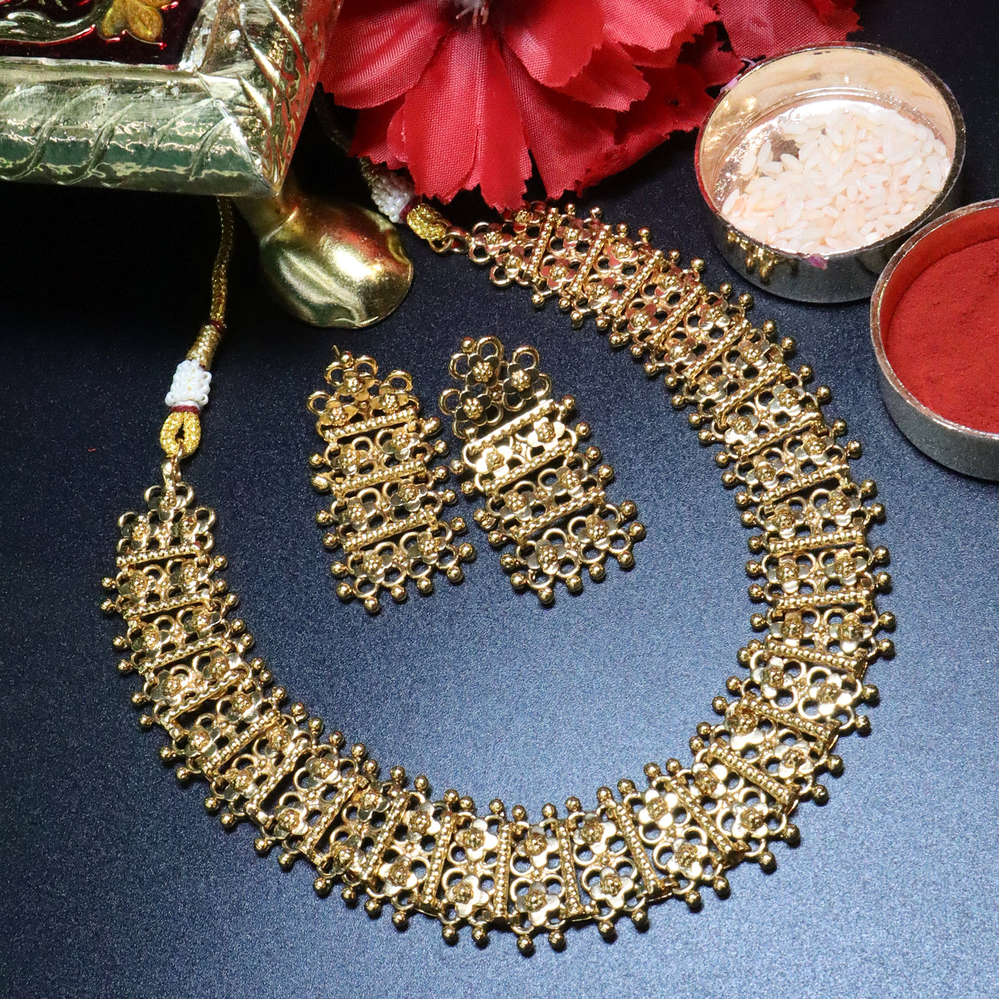 Gold Mesh Design Necklace Set - SIA454006