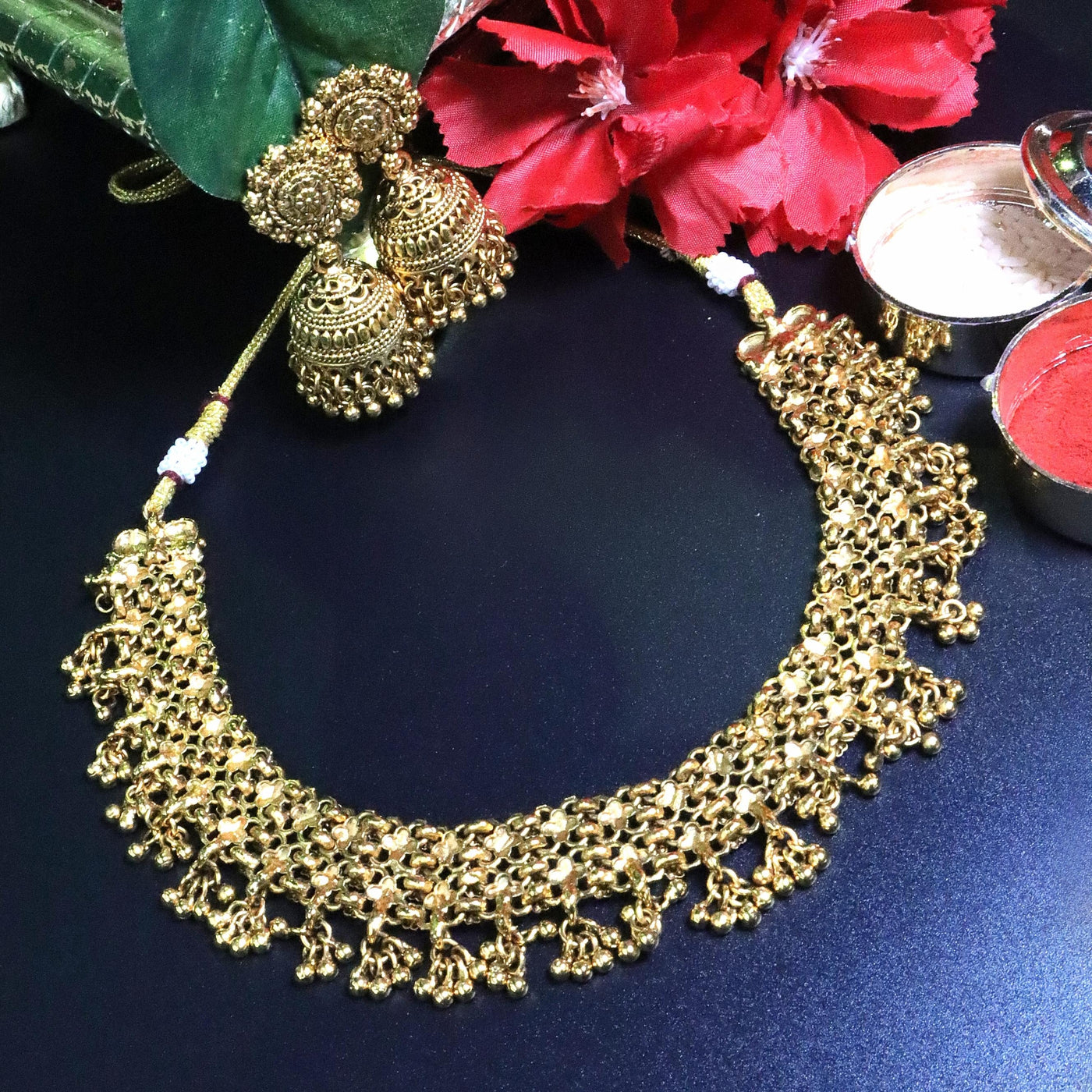 Floral Cluster Antique Gold Choker Set - SIA454007