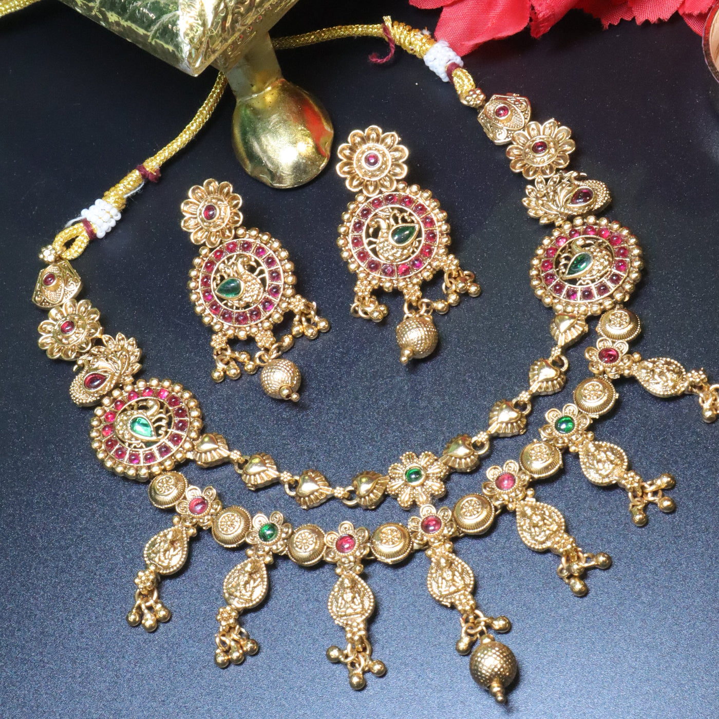 Antique Gold Round Necklace Set with Ruby and Green Detailing - SIA454011