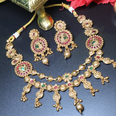 Antique Gold Round Necklace Set with Ruby and Green Detailing - SIA454011