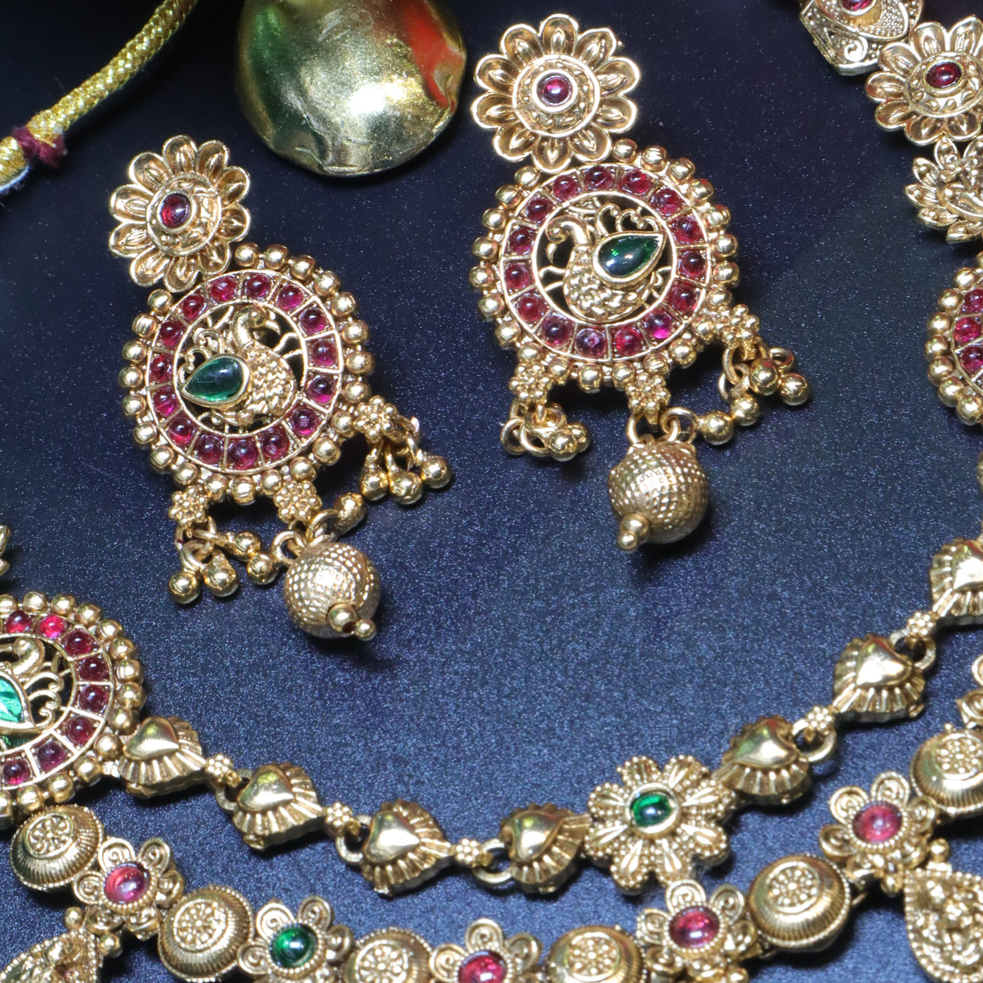 Antique Gold Round Necklace Set with Ruby and Green Detailing - SIA454011