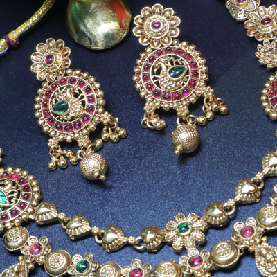 Antique Gold Round Necklace Set with Ruby and Green Detailing - SIA454011