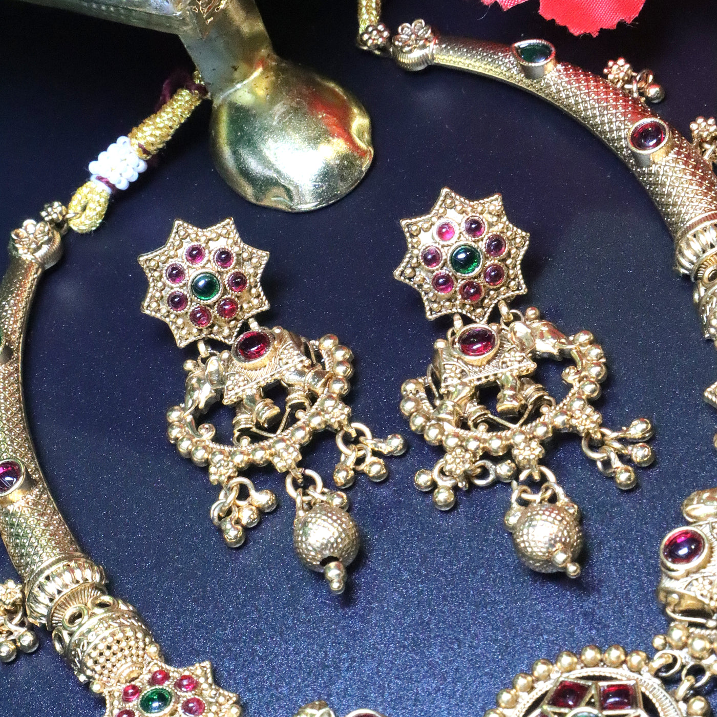 Green and Ruby Antique Temple Necklace Set - SIA454020