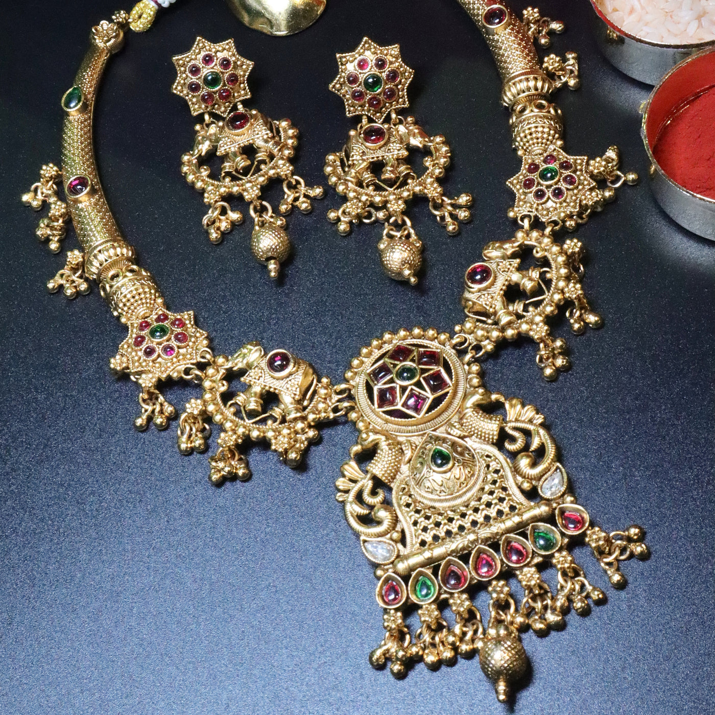 Green and Ruby Antique Temple Necklace Set - SIA454020