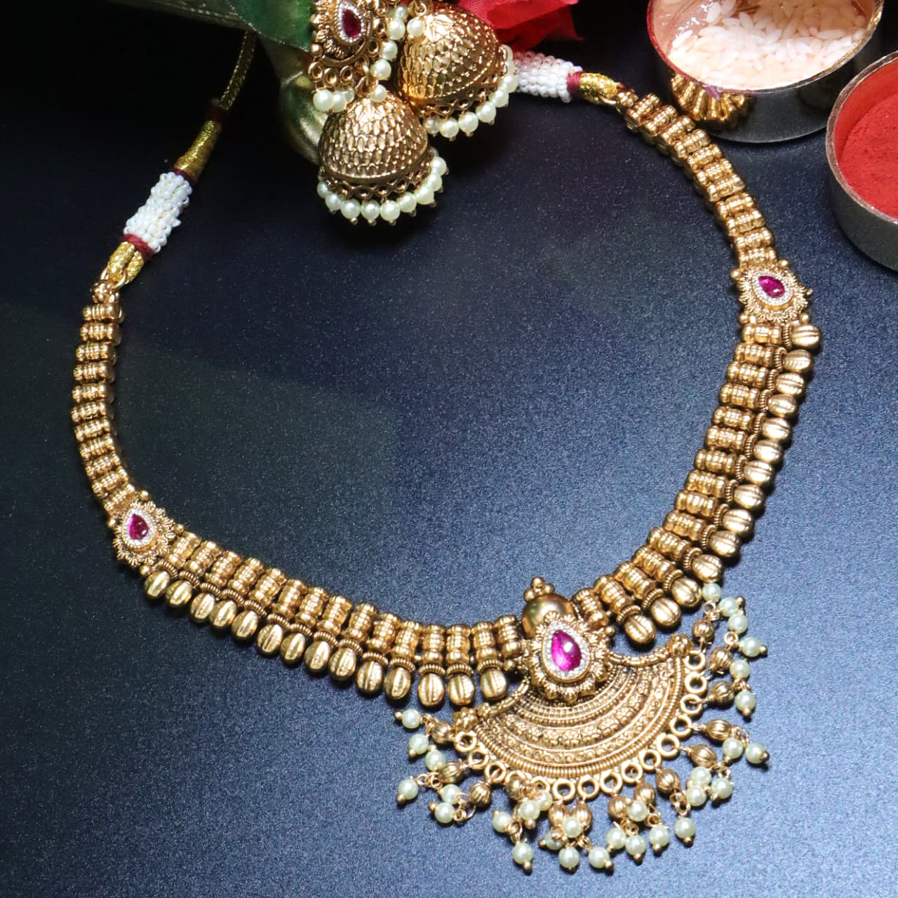 Antique Gold Necklace with Ruby and Pearl  Design  - SIA454025