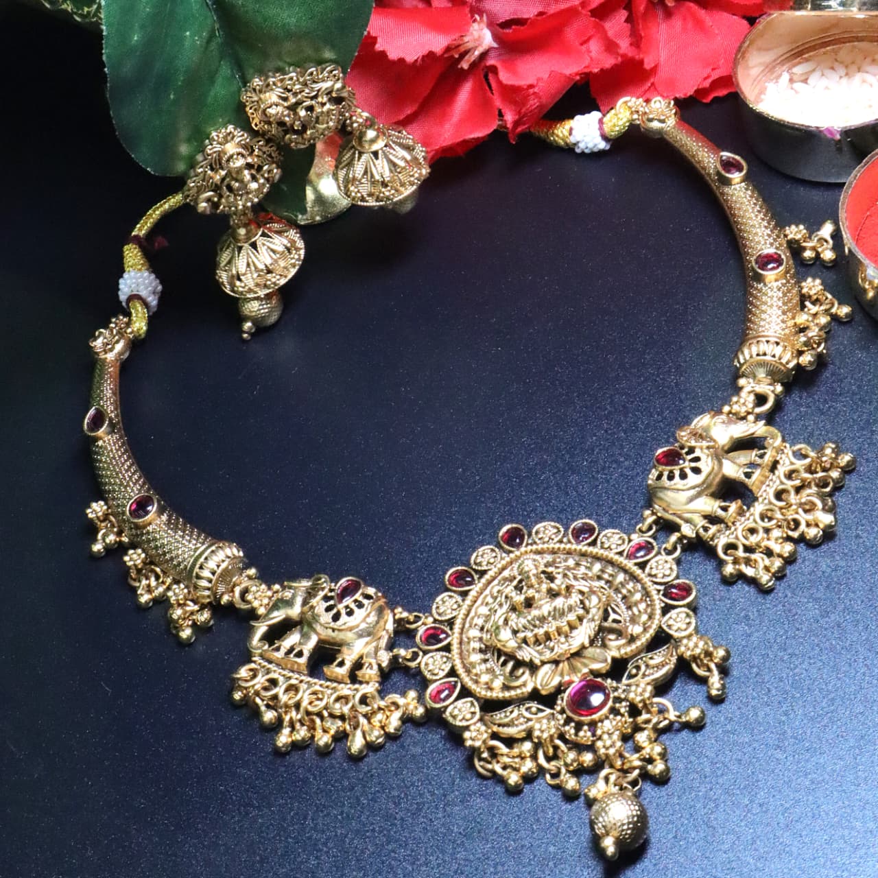 Antique Gold Temple Necklace with Elephant and Goddess Design - SIA454028