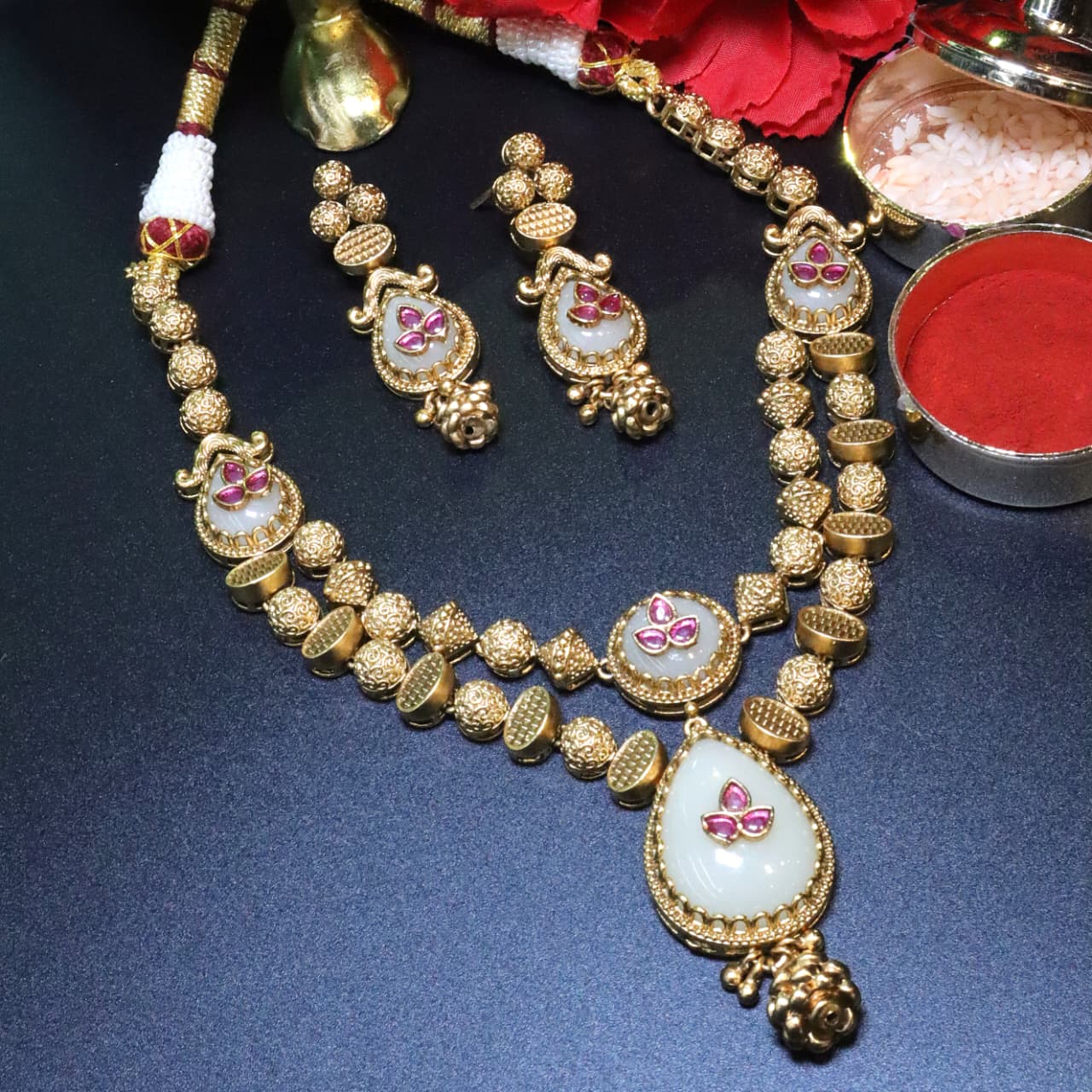 Dual Chain Statement Gold & White Necklace - SIA454030