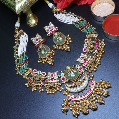 Gold Peacock Necklace Set with Green and Ruby Detailing - SIA454032
