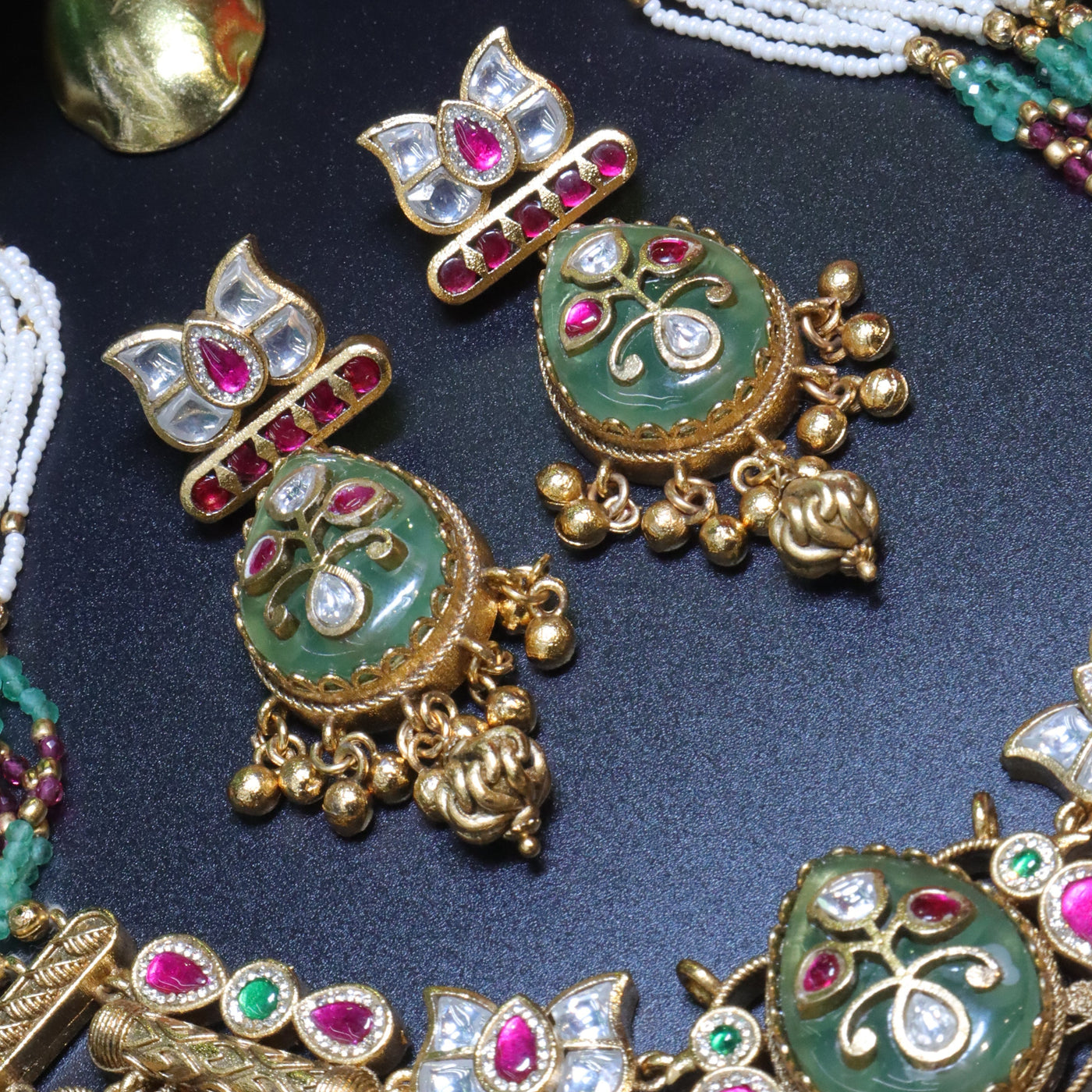 Gold Peacock Necklace Set with Green and Ruby Detailing - SIA454032