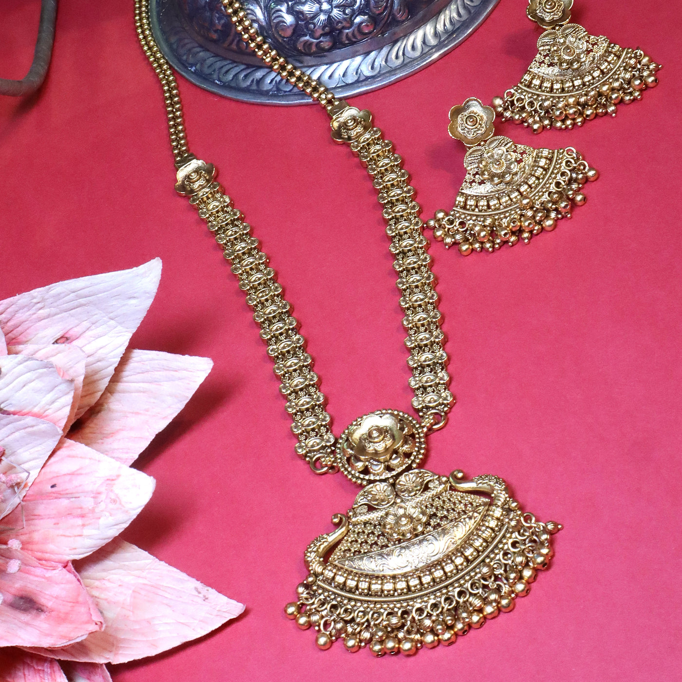 Green Circle Antique Gold Necklace Set - SIA454036