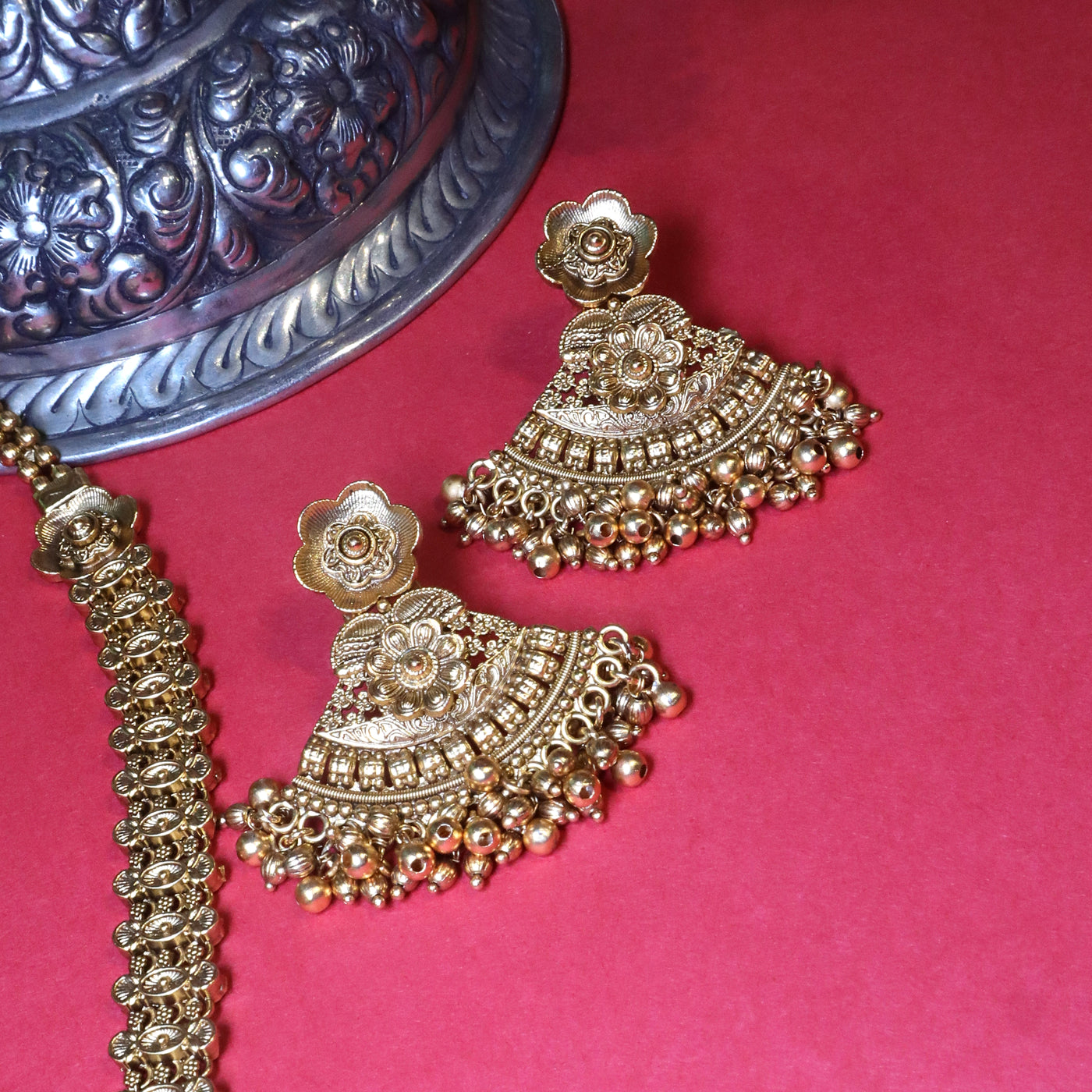 Green Circle Antique Gold Necklace Set - SIA454036